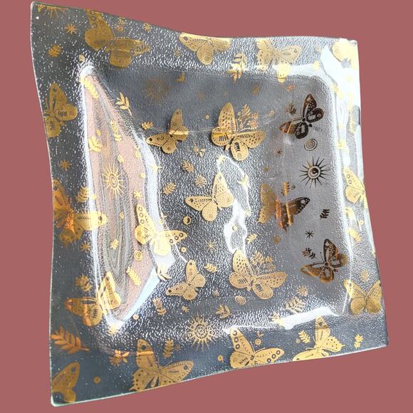 Vintage MCM 1960s Georges Briard Square Bent Glass Gold Butterfly Plate - Picture 2 of 6